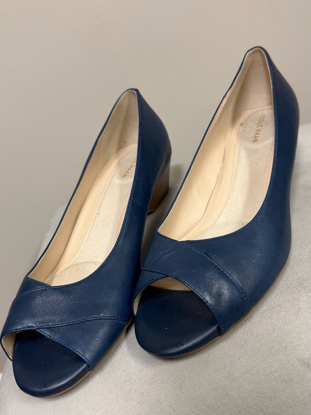 Cole Haan Navy Leather Open-Toe Wedge Heels